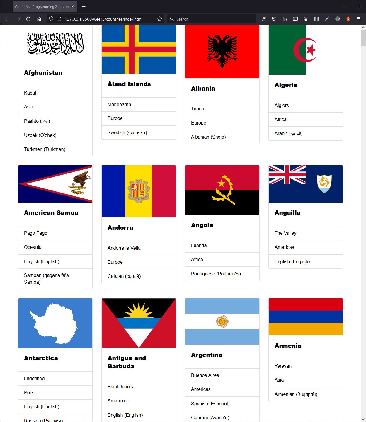 Eindresultaat Countries in de webbrowser