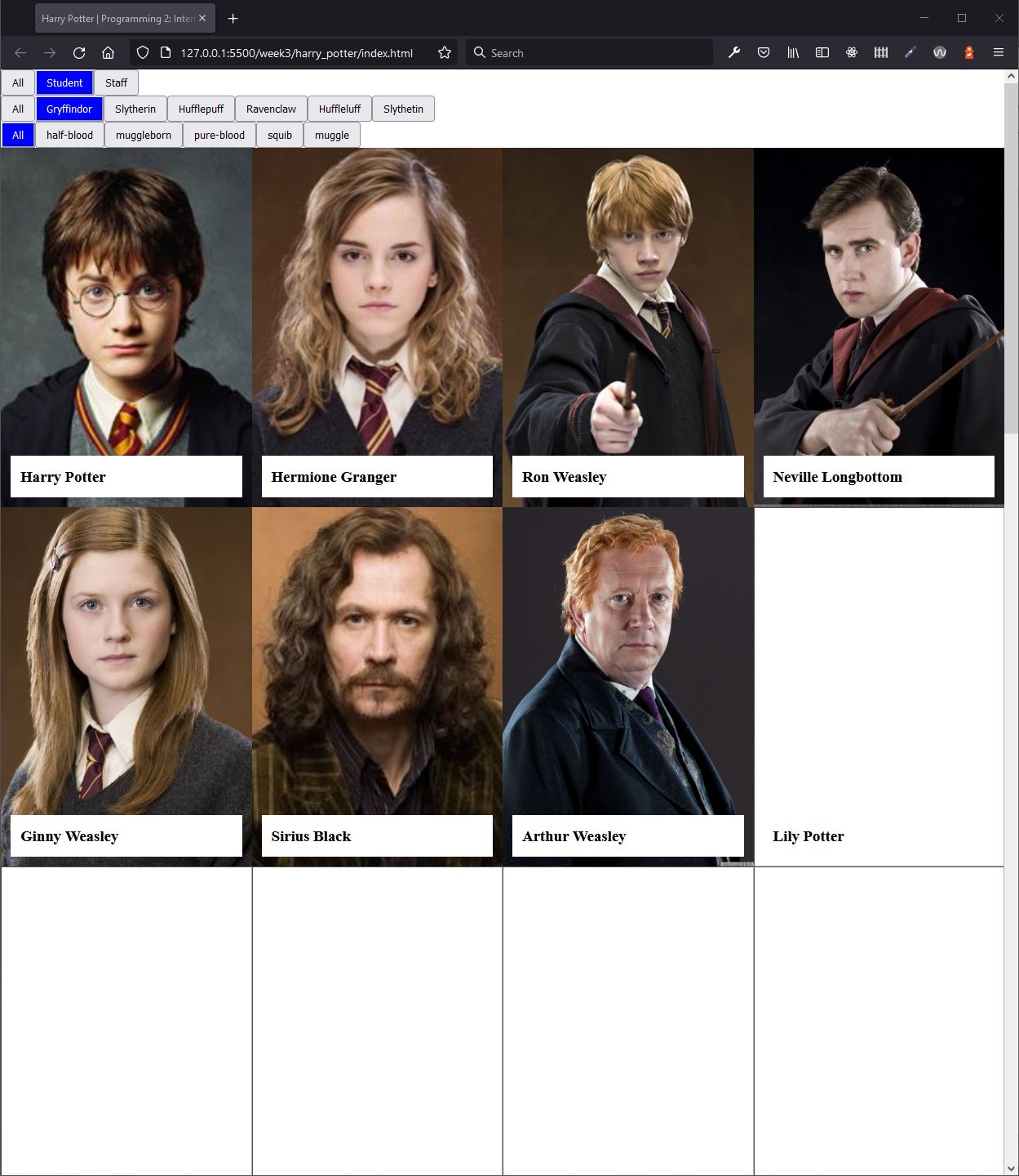 Eindresultaat Harry Potter API in de webbrowser