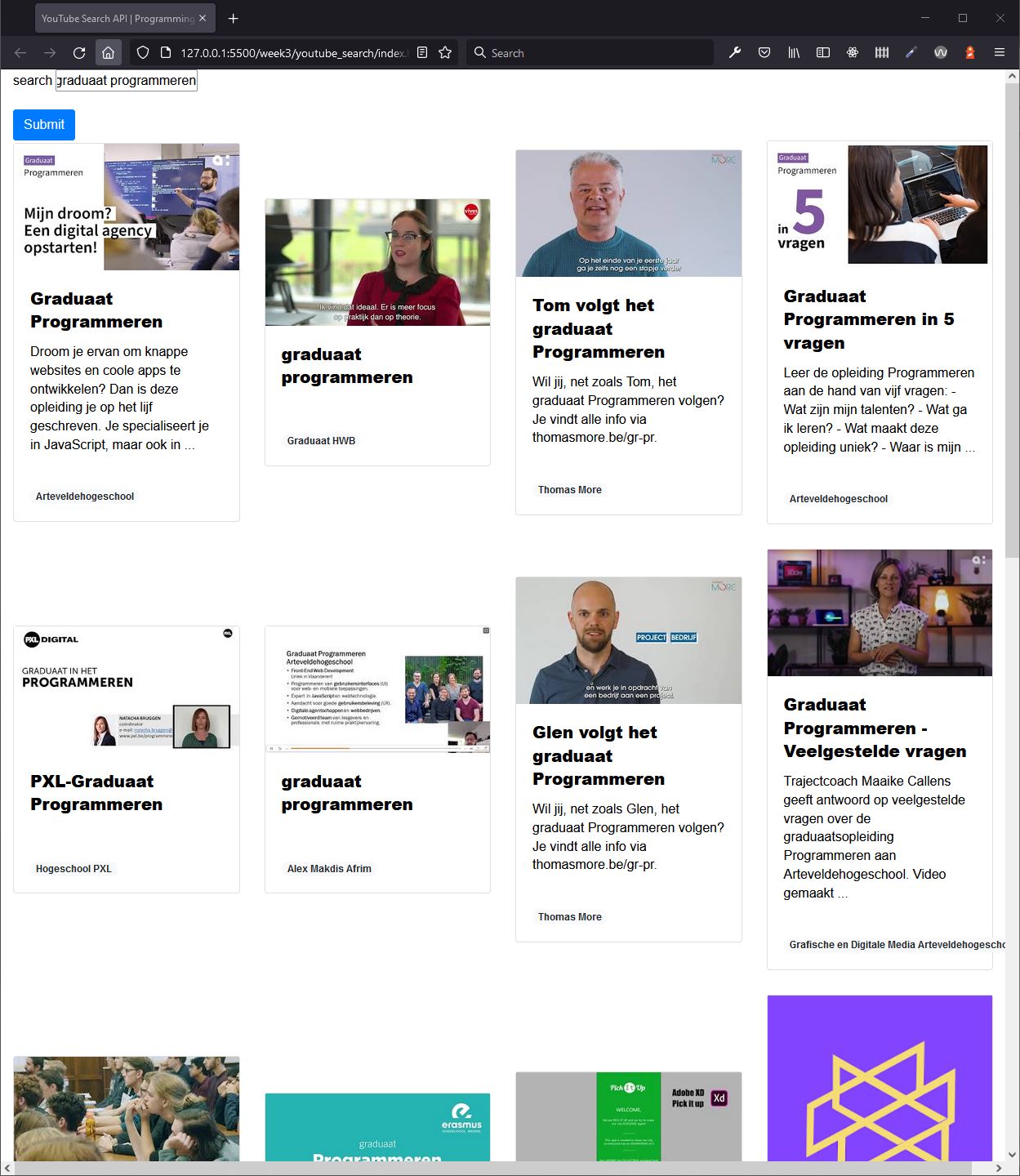 Eindresultaat YouTube Search API in de webbrowser