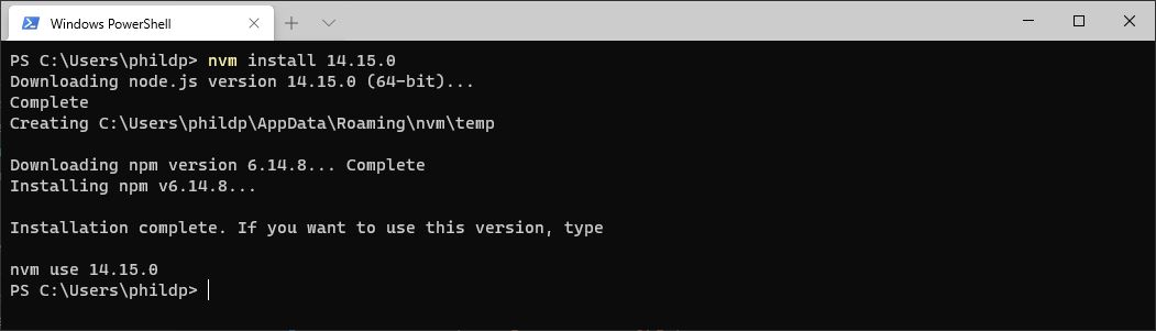 nvm: installatie Node.js versie 14.15.0